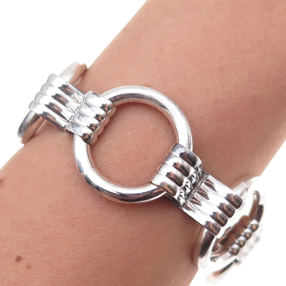 925 Sterling Silver Antique Art Deco Circle Link Oxidized Bracelet 7"